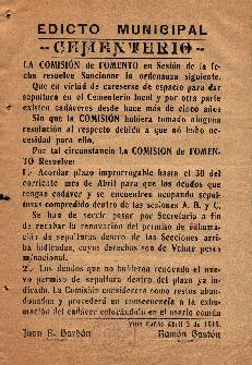 0043 - Edicto Municipal Cementerio Villa Cañás; Ramón Gastón y otro